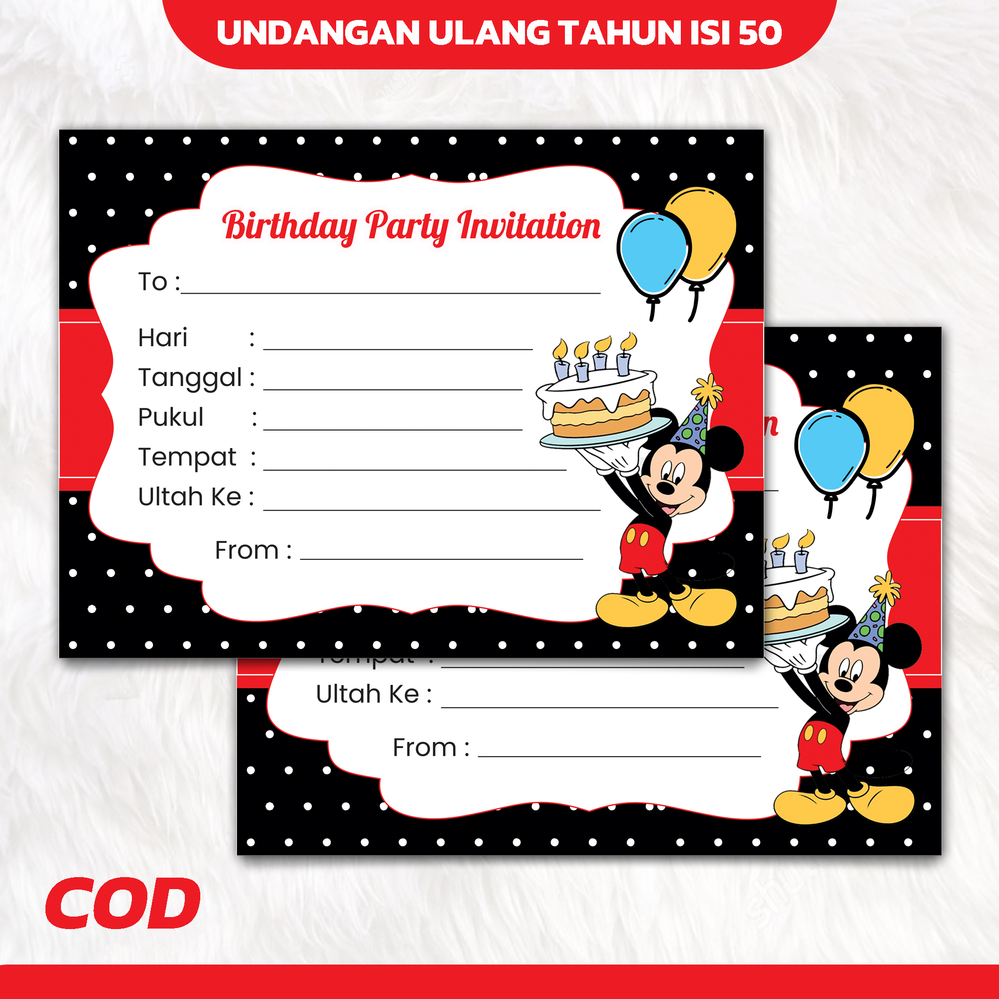 Isi 50 Undangan Ulang Tahun Tema Mickey MOuse │ Undangan Ultah Anak ...