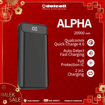 Delcell ALPHA Power Bank 20000mAh Digital Display QC 4.0+ PD Real Capacity 2 Tahun garansi