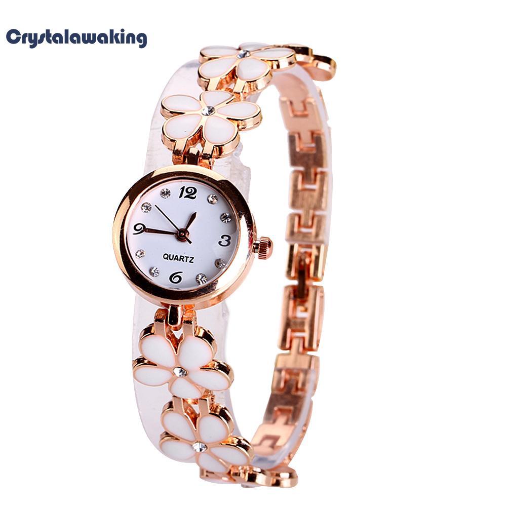【Crystalawaking】Jam Tangan Wanita Cewek Cantik Model Bunga Mawar Keemasan Gelang Hitam