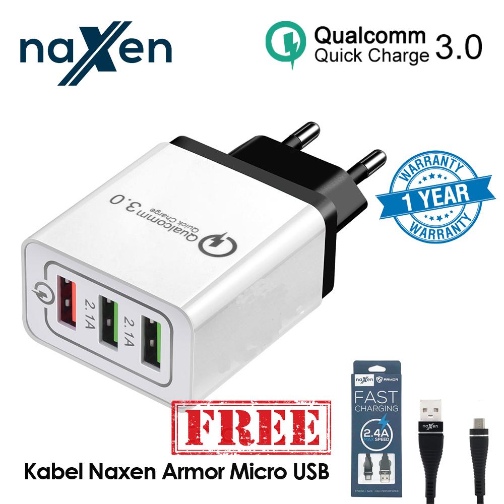 Naxen Charger USB 3 Ports Travel Charger Qualcomm QC 3.0 Universal USB Home Charging Quick Charge 3.0 Wall Charger For Iphone Samsung Xiaomi Oppo Huawei Mobile Phone FREE NAXEN KABEL MICRO ARMOR