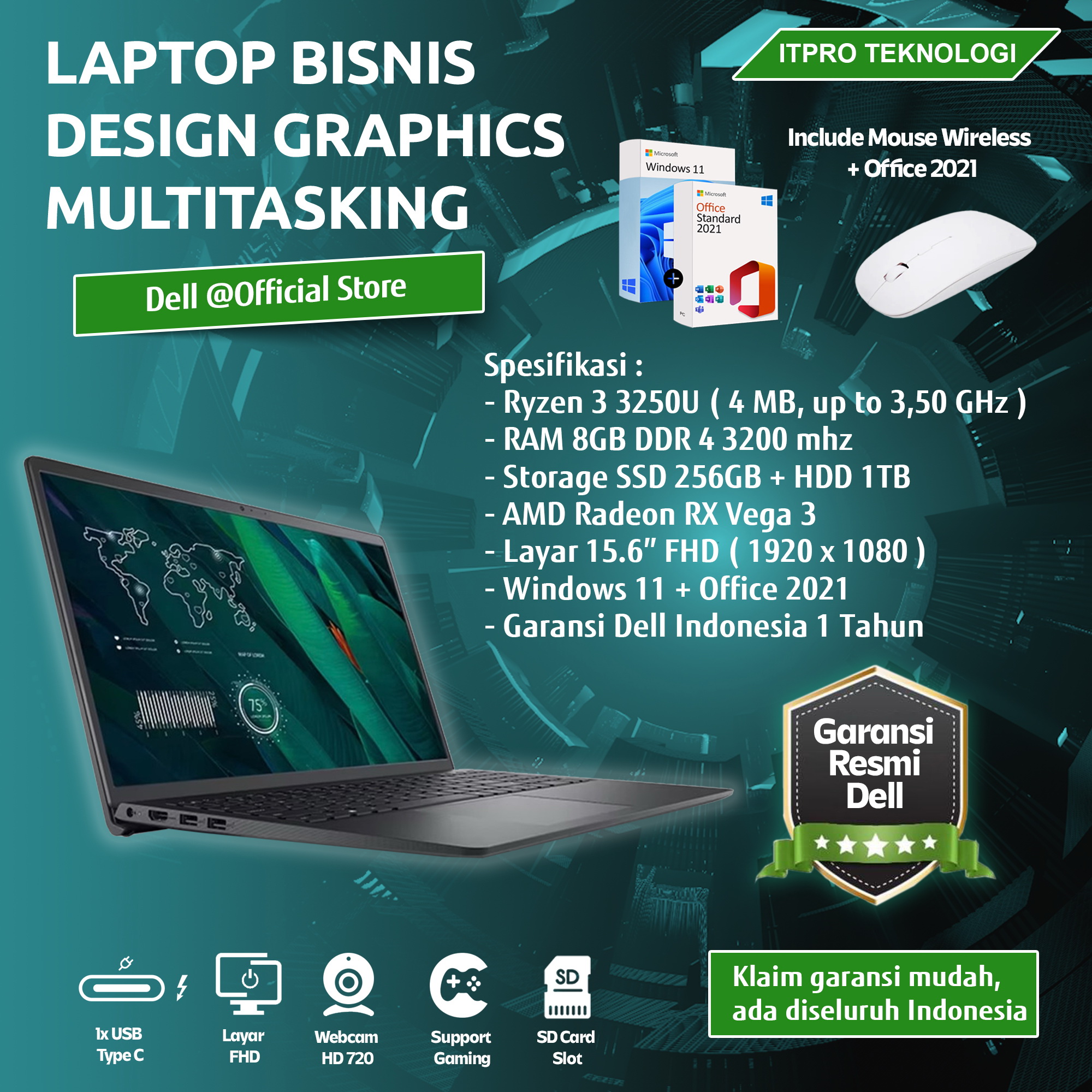( Dual Storage ) Laptop Bisnis dan Desain Dell Vostro 3515 Ryzen 3