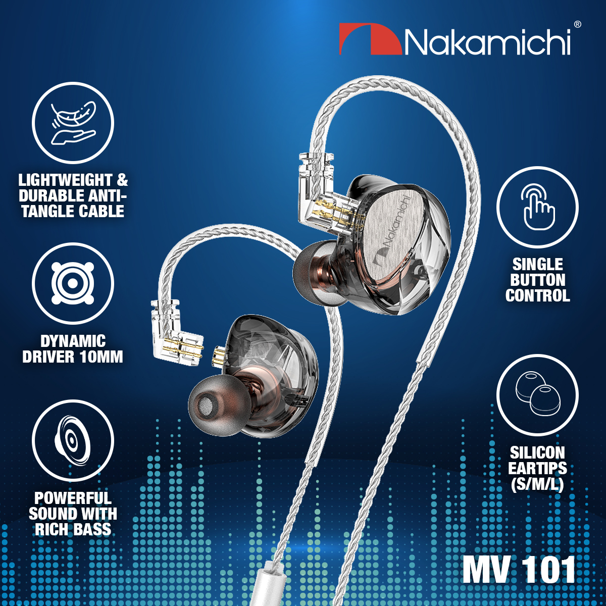 Nakamichi MV 101 Dynamic Driver In Ear Monitor Wired Earphone Mic