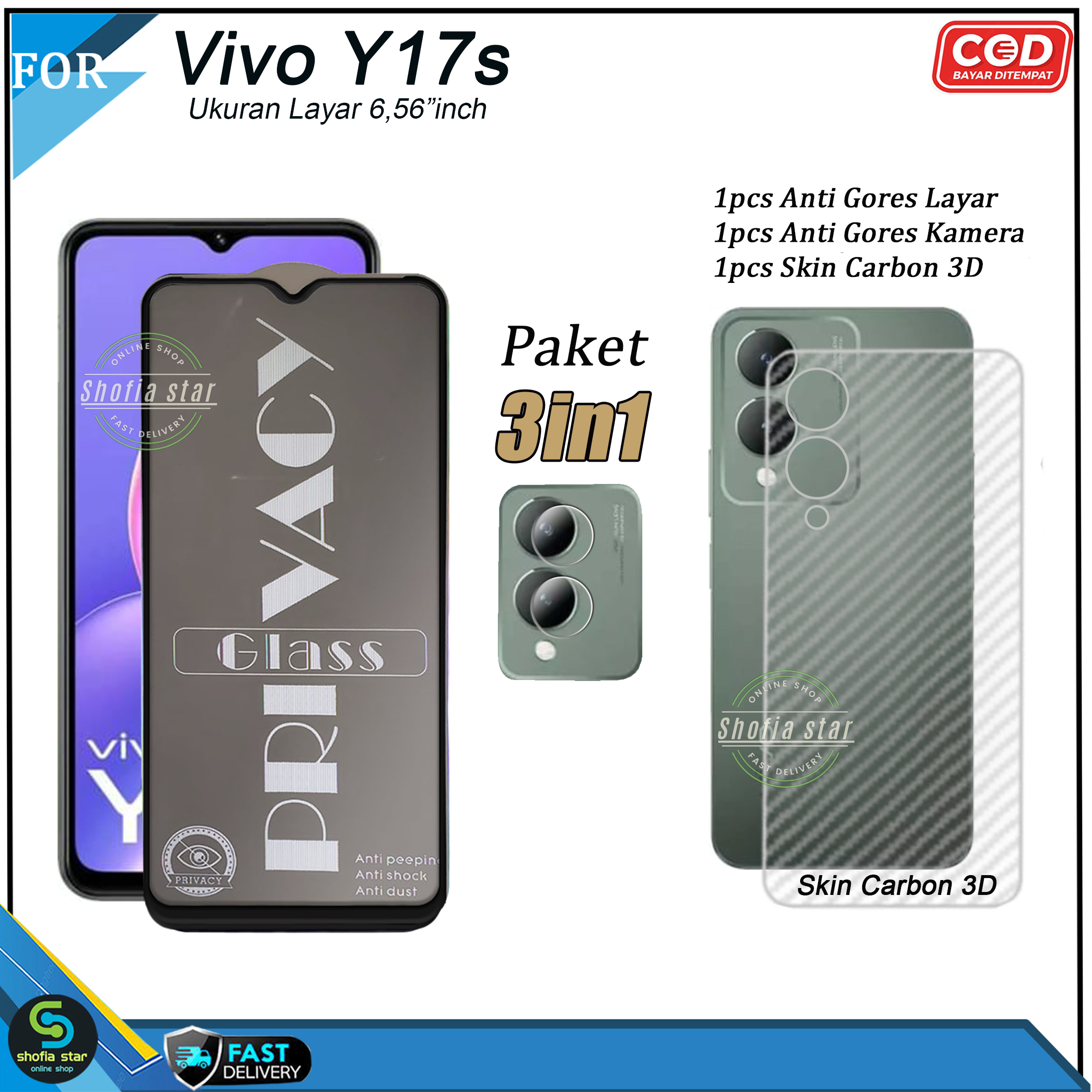 Paket 3in1 Tempered Glass Full Esd Spy Kaca Vivo Y17s Anti Gores