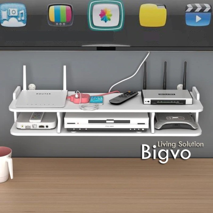 Rak Gantung ROUTER WIFI DVD Ambalan Remote Tempat 2 Layer WPC TV Meja ...