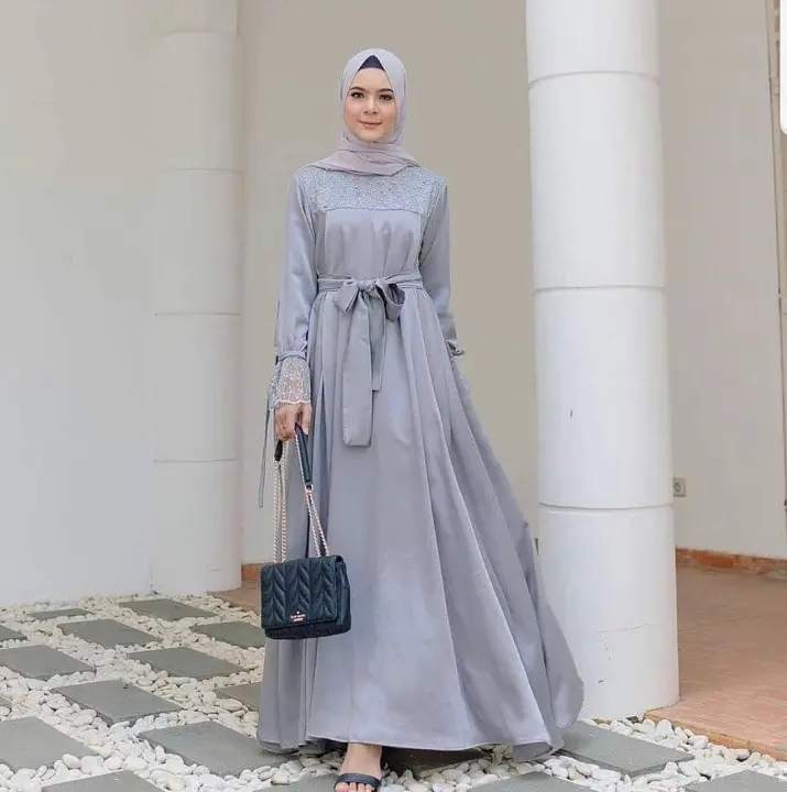 Zhirana Dress Mco Moscrepe Mix Brukat Baju Muslim Gamis Syari Dress Wanita Fashion Remaja Cewek Setelan