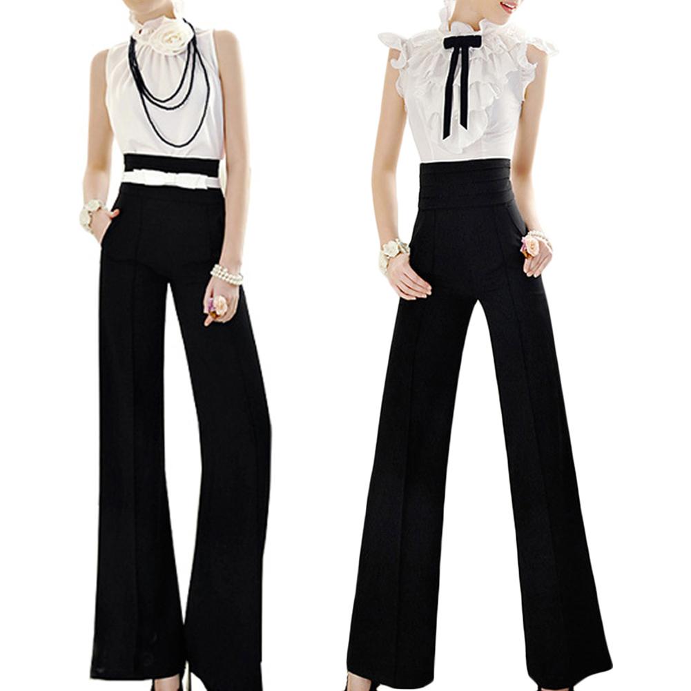 Vintage Wanita Lengan Lembut Ritsleting Pinggang Tinggi Saku Depan Flare Wide Leg OL Karir Pants Black-Intl