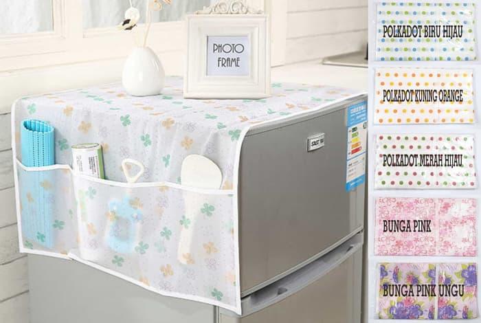 Taplak Penutup Kulkas Cover Dgn Kantong Storage Pouch Kain Furing