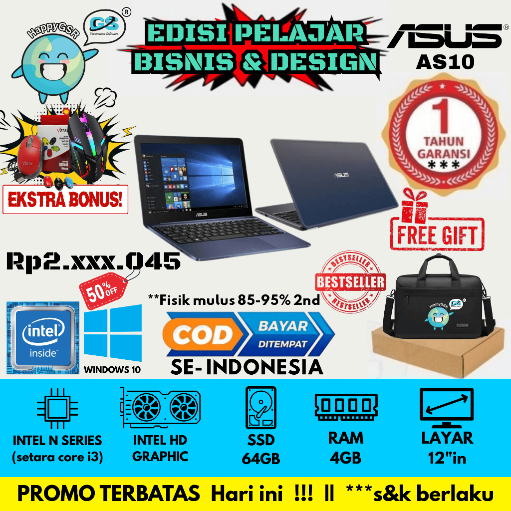 LAPTOP ASUS AS09 RAM 4GB SSD WINDOWS 10 LAYAR 12\