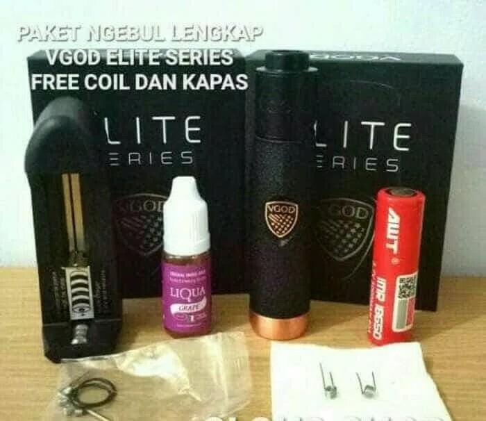 paket komplit vgod elite series/ free batre, charger 1 slot, kapas coil, liquid 10ml.