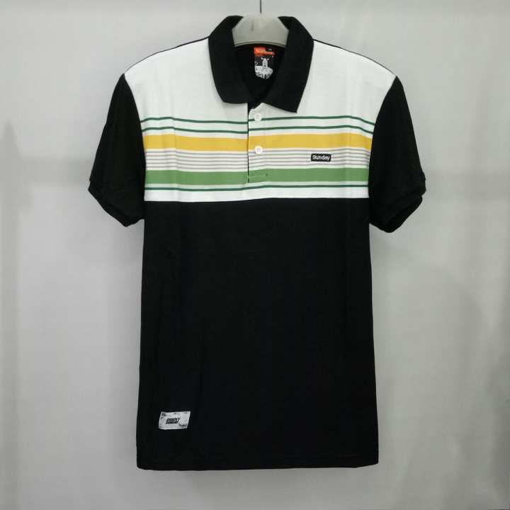  Baju kece polo shirt hitam mix putih lines strip hijau 