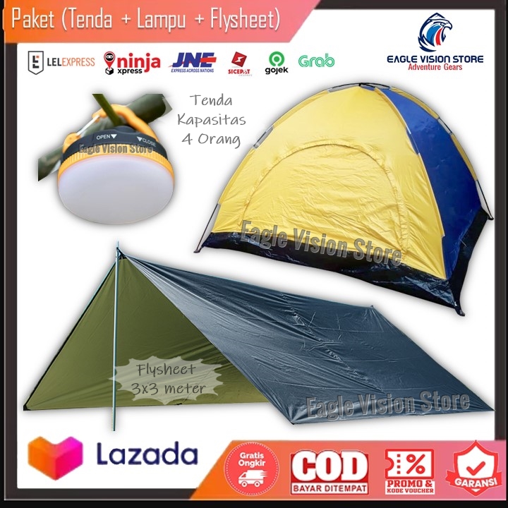 Paket Hemat Camping - Tenda Camping Kemping 4 Orang Dewasa + Flysheet