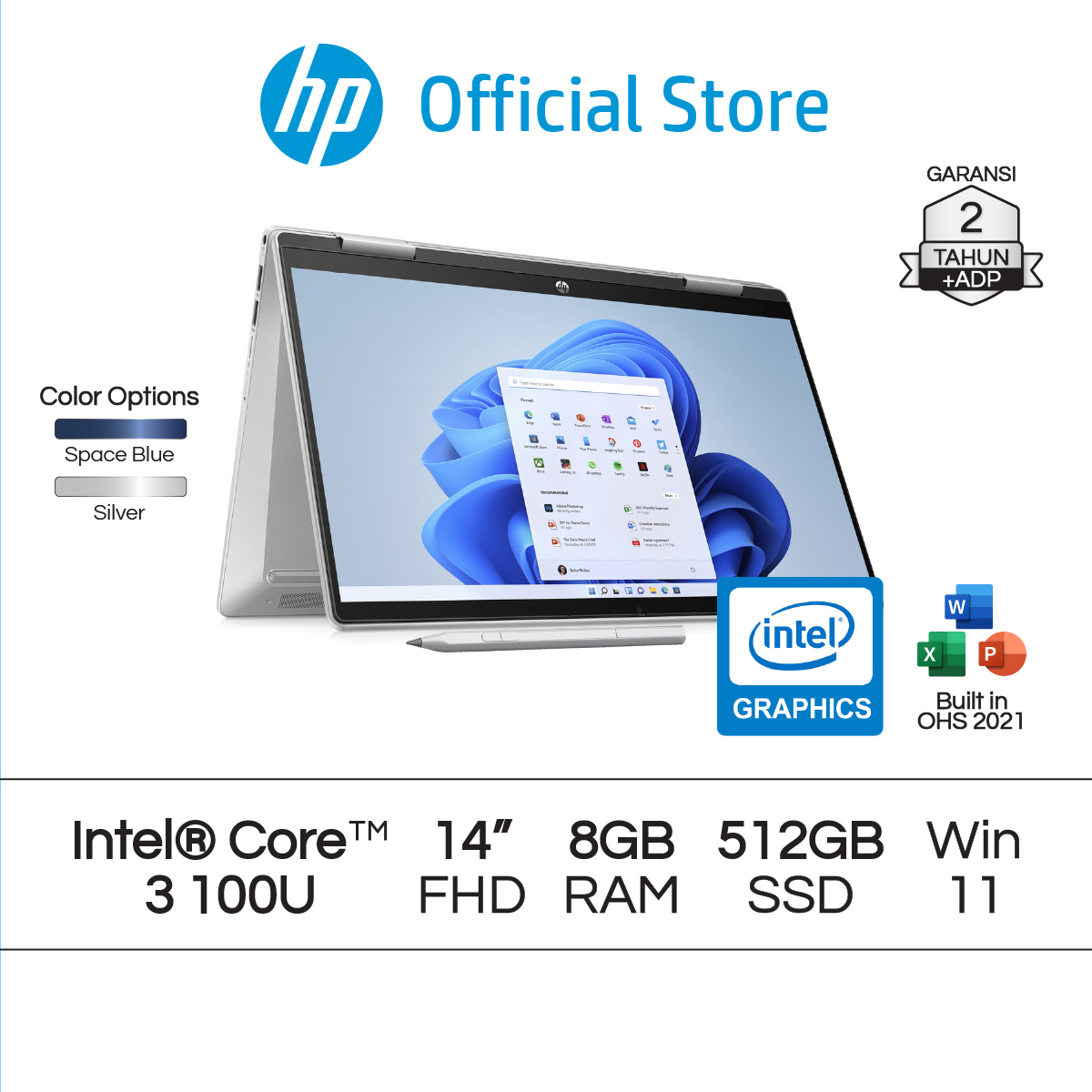 Laptop HP Pavilion x360 in Intel Core Intel Graphics 8GB RAM 512GB  SSD Blue Silver Windows 11 Home 14 Inch Garansi Tahun Official