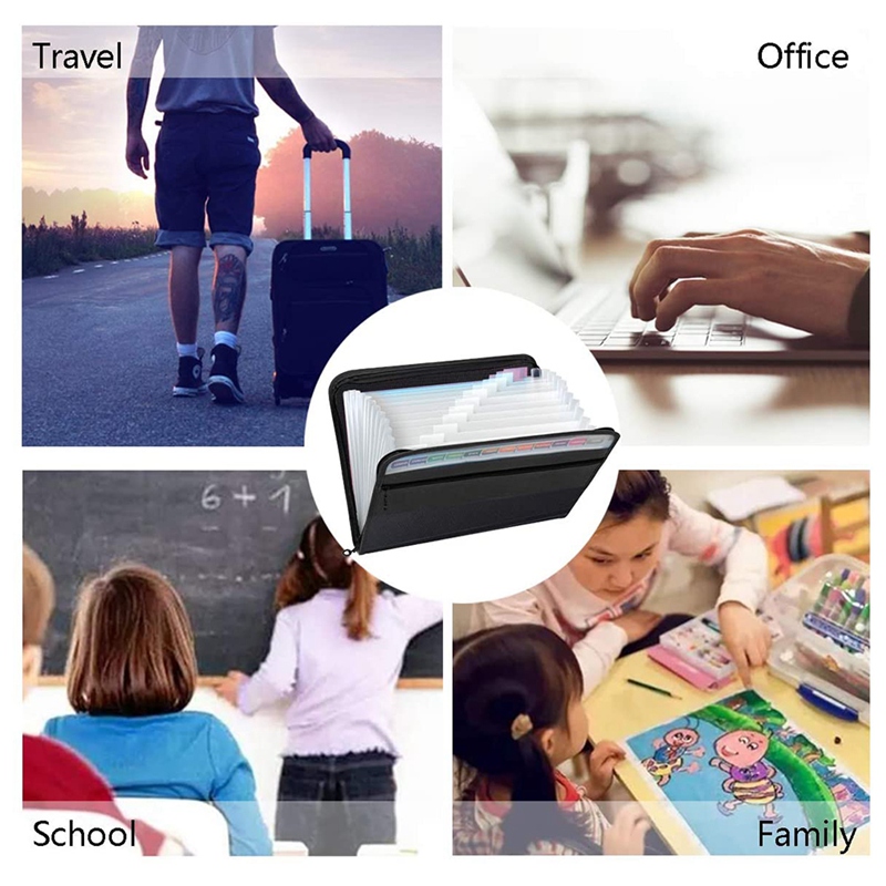 13 Pockets Expanding File Folder A4 Plastic Document Wallet Organizer for Personal Office Stationary Storage(Black)