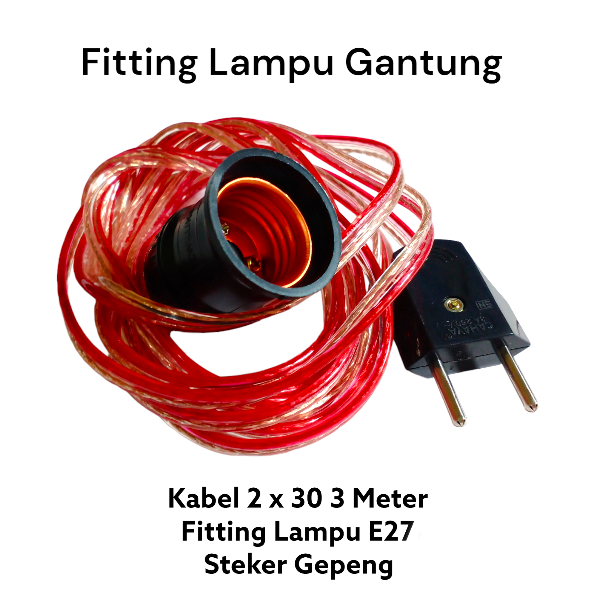 Fitting Lampu Gantung 3m / 5m / 10m Kabel Transparan 2 x 30 + Fitting Lampu E27 + Steker Gepeng