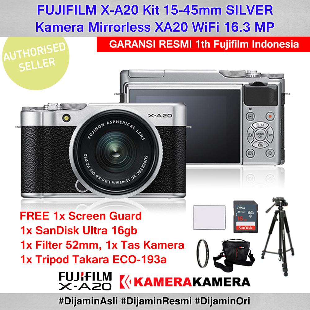 Kamera Mirrorless Fujifilm X-A20 Silver lensa 15-45mm kamera Vlog Fujifilm XA20 murah WiFi 16MP - Garansi Resmi 1th + Screen Guard + SanDisk Ultra 16gb + Filter UV 52mm + Tas Kamera + Tripod Takara ECO-173a