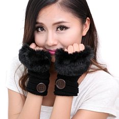 Elegan Soft Hand Warmer Rajutan Sarung Faux Bulu Tombol Musim Dingin Hangat Palm Sarung Tangan untuk Wanita (Hitam)