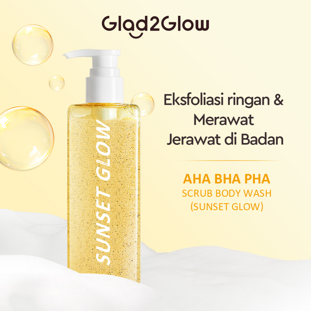 Glad2Glow AHA BHA PHA Scrub Body Wash (Sunset Glow) 180ml | Sabun Mandi Shower Gel Gently Exfoliates