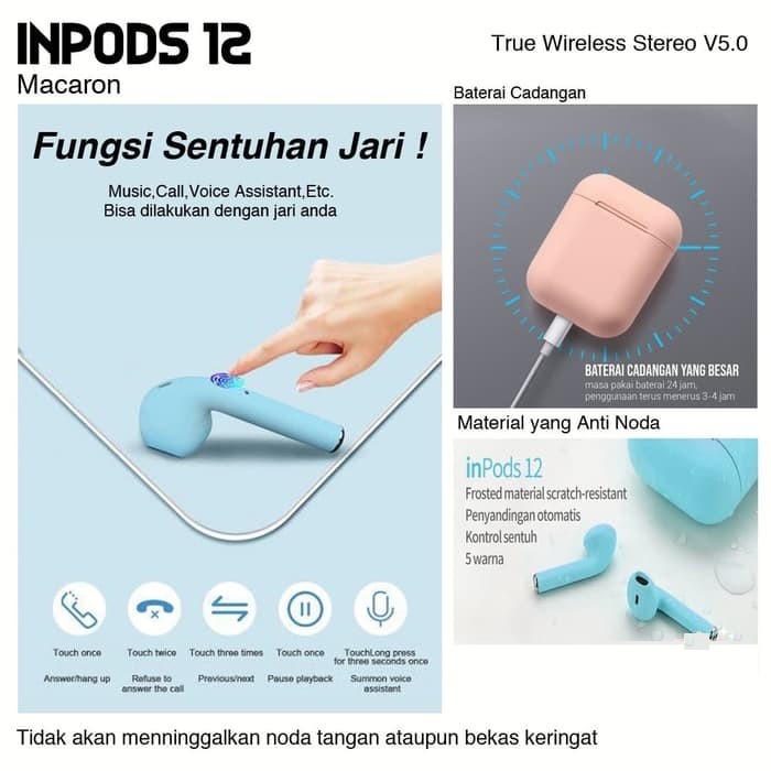 Headset i12 TWS i12 Macaron HEADSET BLUETOOTH DENGAN KOTAK