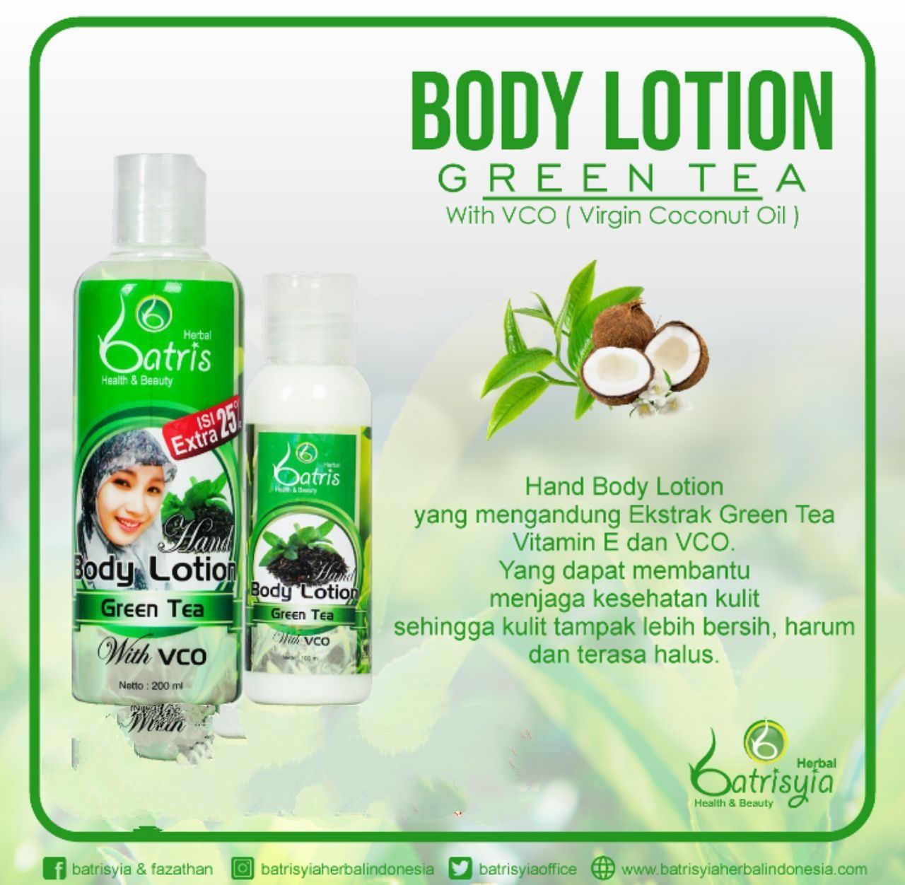 Batris Hand Body Lotion Green Tea with VCO Handbody Batrisyia 250 ml