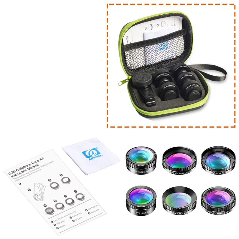 APEXEL New 6In1 Kit Camera Lens Photographer Lenses Kit Macro Wide Angle Fish Eye CPL Filter for iPhone Xiaomi Mi9
