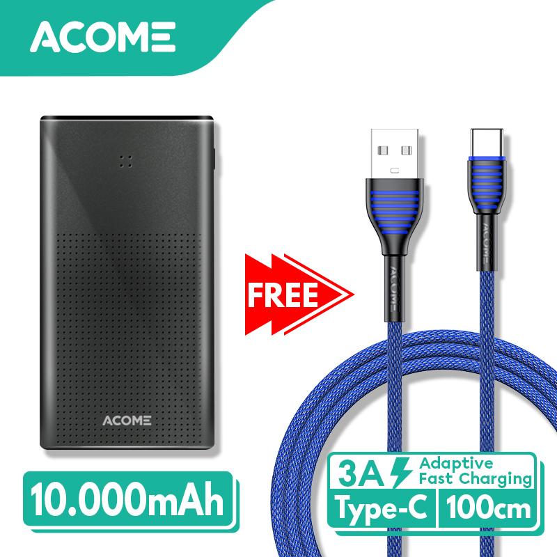 ACOME Powerbank 10000mAh 2 Input & 2 Output (AP101) + Kabel Data (Micro USB/iPhone/Type-C) - Garansi Resmi 1 Tahun