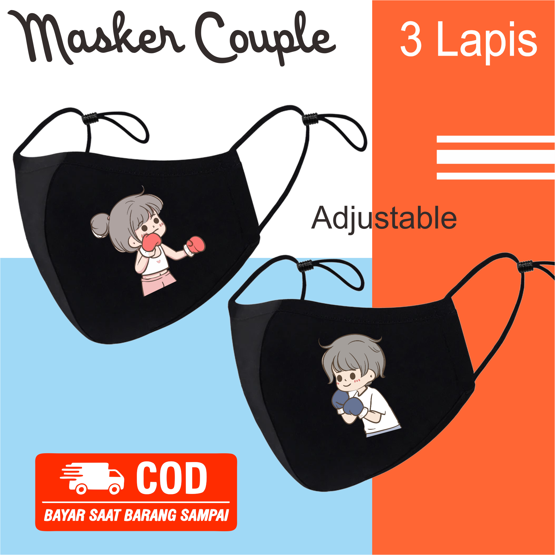 Masker Couple Kartun Anime warna hitam Adjustable cowok cewek bisa