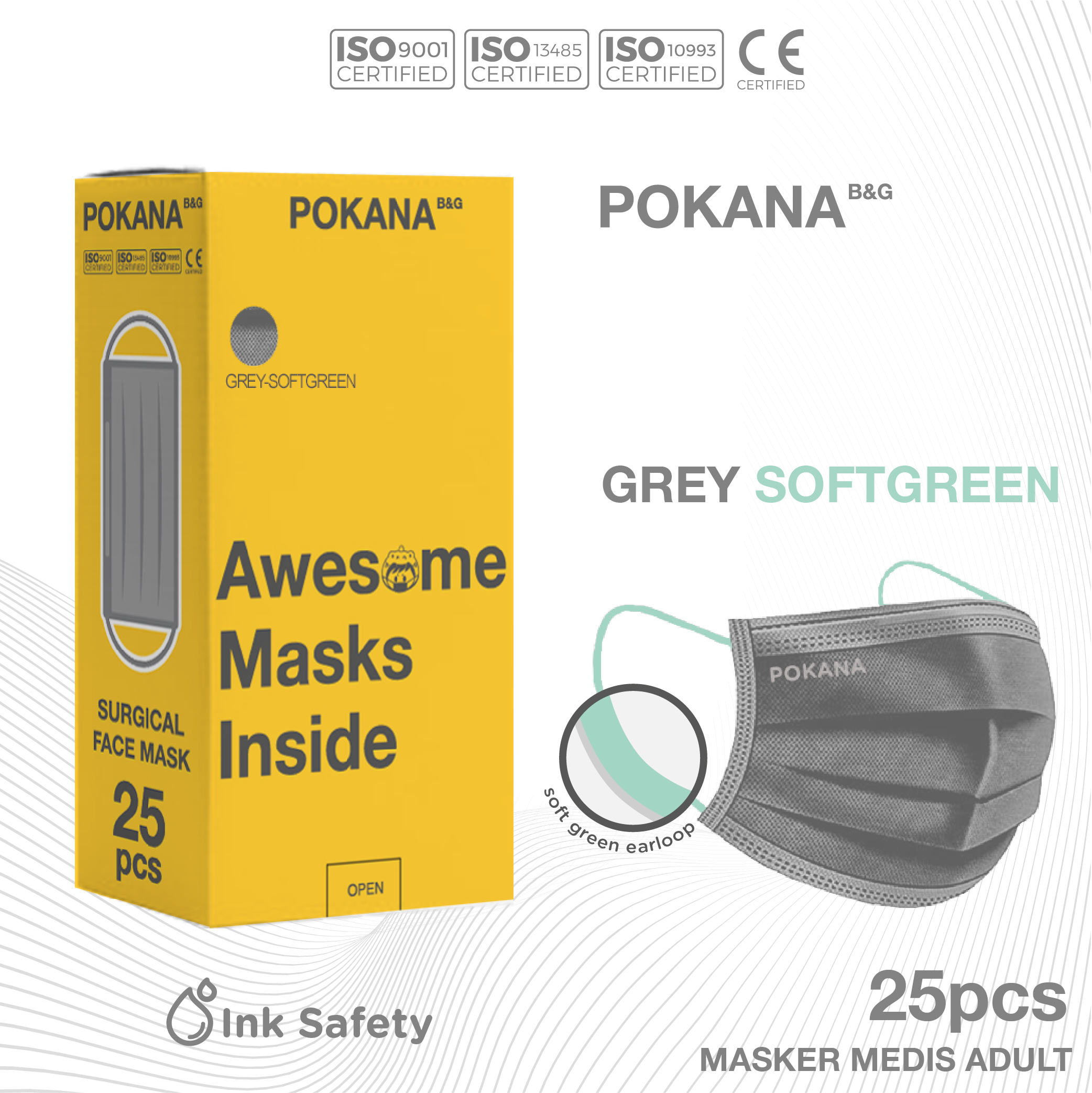 POKANA B&G 4-ply Earloop Surgical Face Masker - Box Isi 25s Grey Series ...