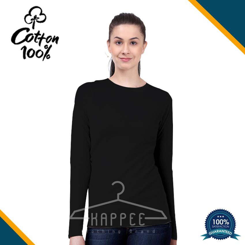 KAPPEE Kaos Polos Wanita Premium Hitam Lengan Panjang O-Neck Cotton combed 30s / Kaos Hitam Reaktif / Kaos Polos Murah / Kaos Termurah / Baju Kaos Distro / Kaos T Shirt Cowok / Kaos Keren Terbaru / Kaos Atasan Wanita Dewasa / Casual Tumbler Tee