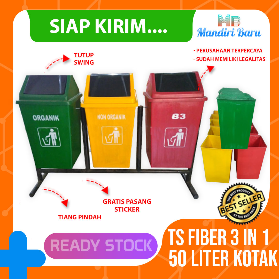 Tempat Sampah Fiber Kotak 3 In 1 50 Liter Tong Sampahbak Sampahdustbin Organik Anorganik B3 5792