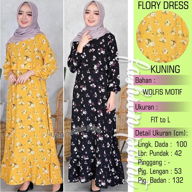 Busana Muslim Wanita Dress Terusan Motif Bunga Flory Dress Baju Gamis Remaja Wanita Tangan Kerut Coklat Jp Lazada Indonesia
