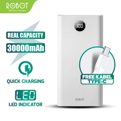 PowerBank ROBOT 30000mah RT30 2.4A Dual Input Port Type C & Micro USB 3 Output Original Fast Charging Real Capacity LED Indicator - Garansi Resmi 1 Tahun