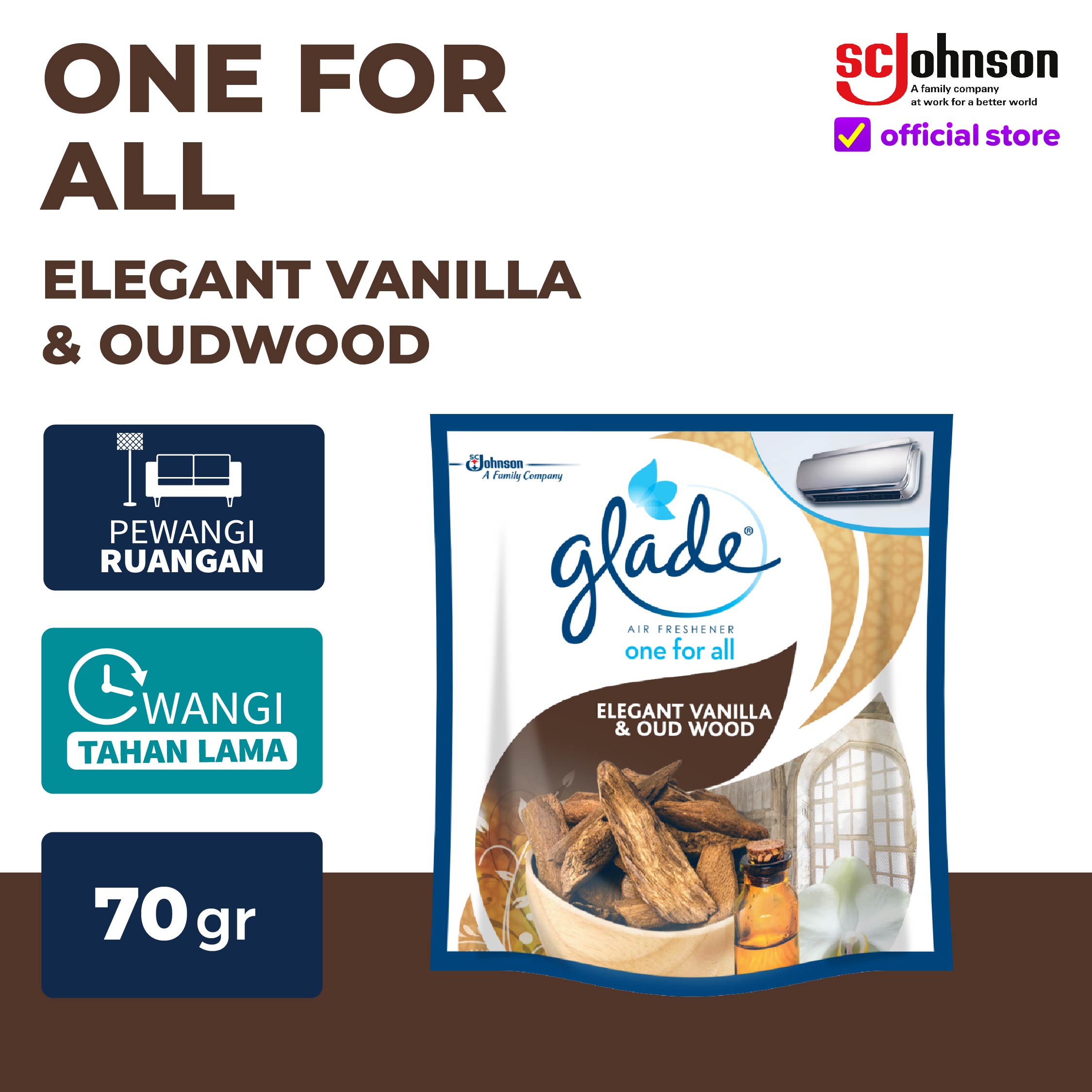 Glade One For All Pengharum Ruangan Elegant Vanilla & Oud Wood 70gr