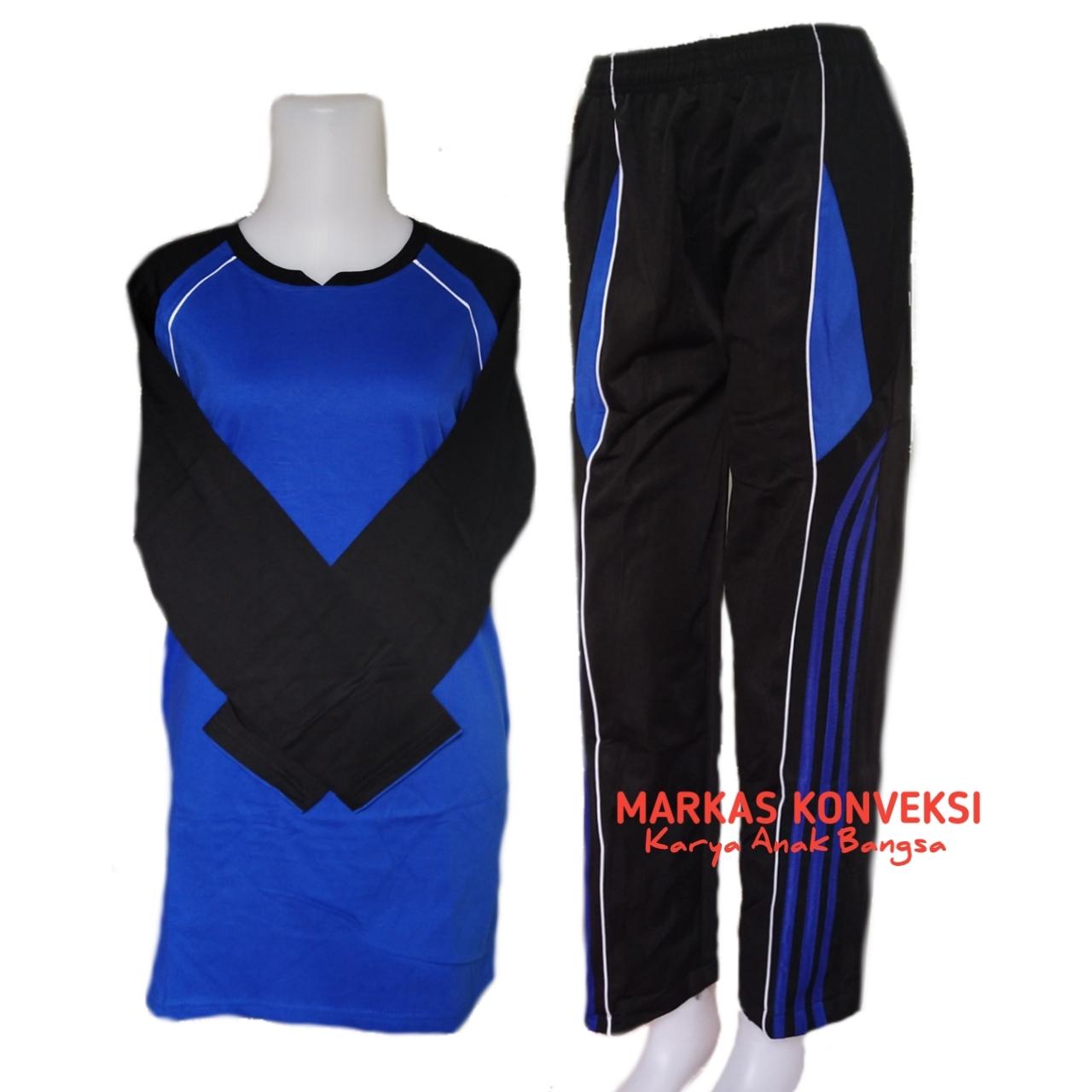 Baju Olahraga setelan wanita reglan model muslim Biru hitam