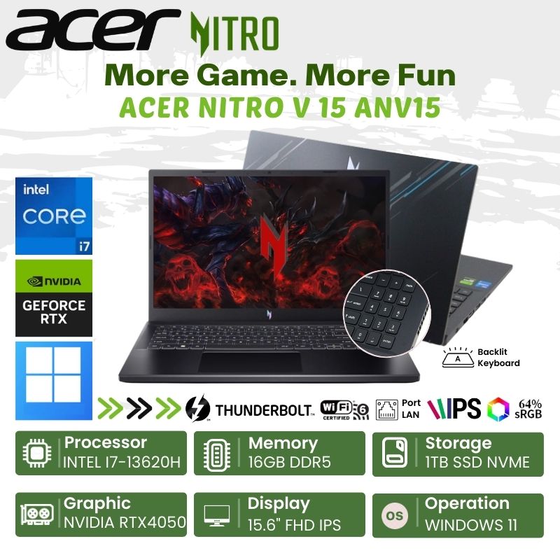 Laptop Gaming Acer Nitro V 15 ANV15 51 78VP RTX4050 i7 13620H 16GB 1TB SSD  FHD 144Hz Backlit Windows New Garansi