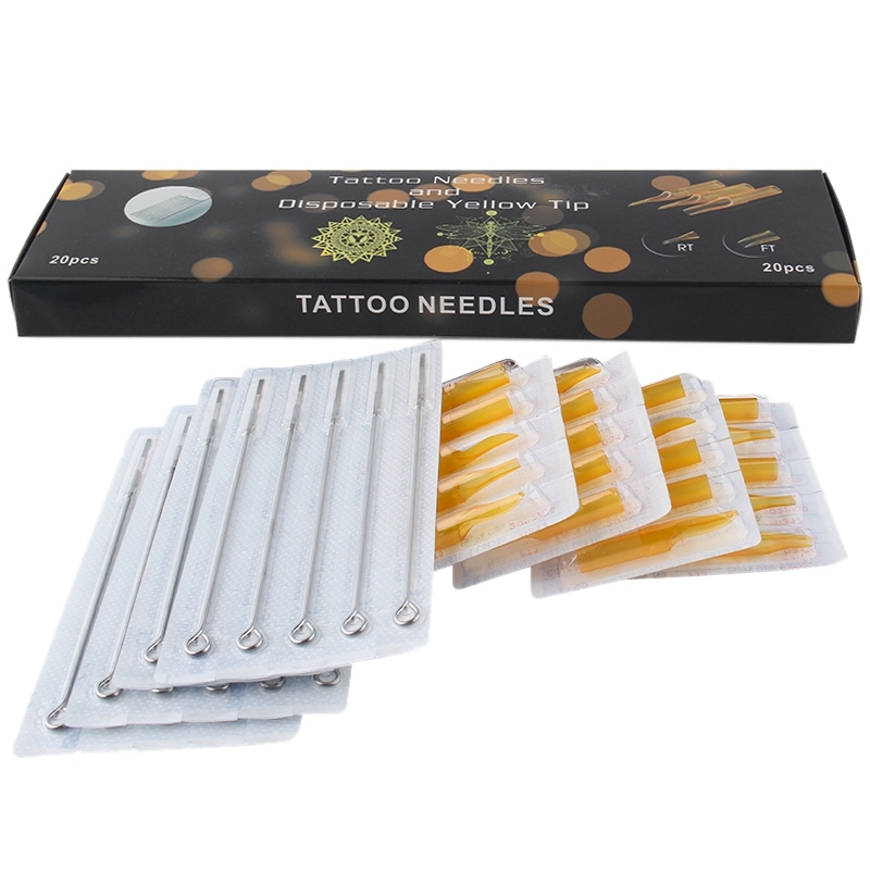 20Pcs Stainless Steel Tattoo Needles Set With 20Pcs Disposable Tattoo Tips Tubes Set Sterile Nozzle Semi-Permanent Rl/Rt