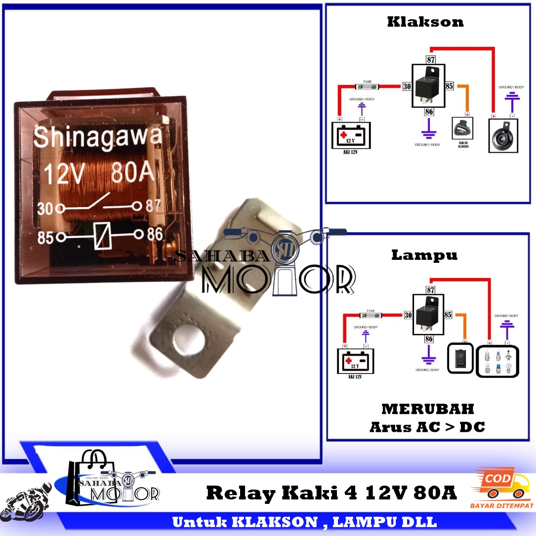 Relay 4 kaki 12 volt 80 ampere klakson lampu dll shinagawa 4kaki 80A