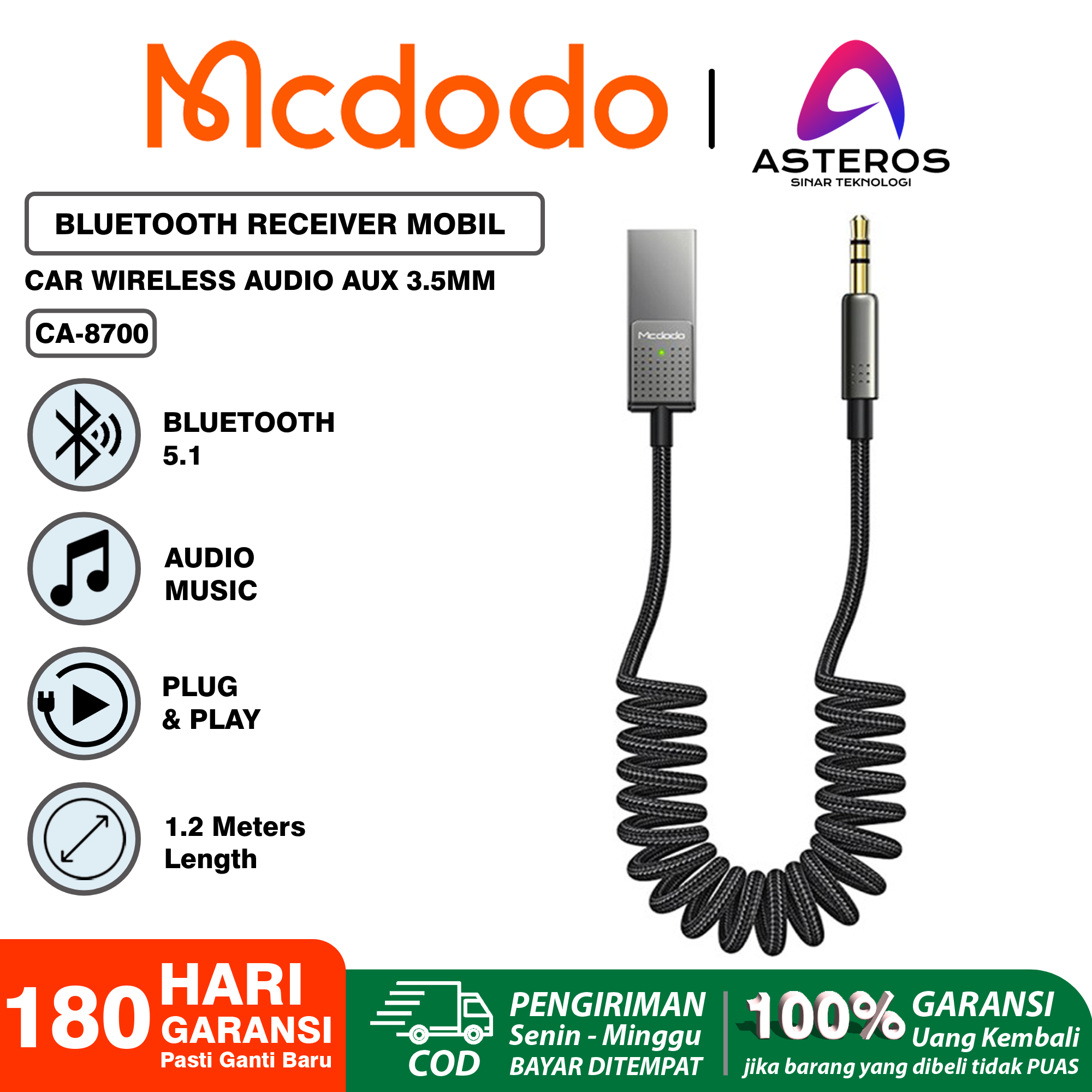 Mcdodo Bluetooth Receiver Car Audio Usb To Aux Mm Original Ca