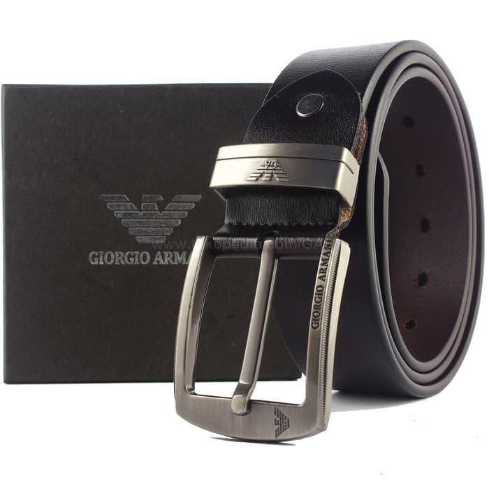 Ikat Pingang Cawek Pinggang Celana Pria Kulit Lembut Style Formal Branded Polyuretan Leather Gesper Basic Logo Levis GIORGIO ARMANI Brown Black Hitam - LLS89