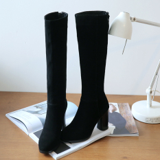 Fashion 2017 Musim Gugur Musim Dingin dan Tebal Tumit Square Toe High-kaki Bertumit Tinggi Sepatu Boots Scrub Boots (hitam)