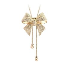 Fashion Perhiasan Gold Tone Rhinestone Cute Butterfly Bow Sweater Panjang Rantai Kalung Liontin Aksesoris Simpul untuk Wanita