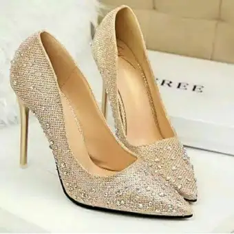 COD #Sepatu pesta high heels gold mote 