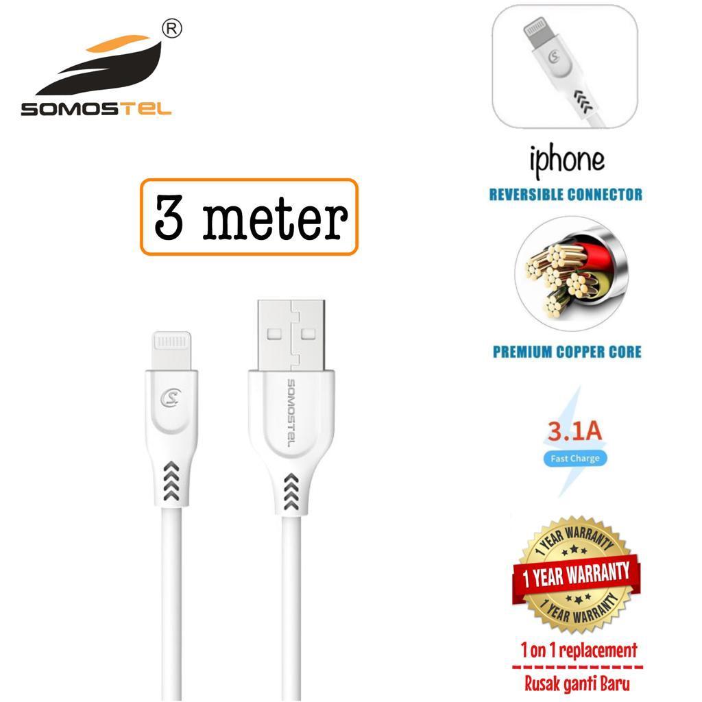 somostel kabel usb 3 meter tipe lightning / iphone ,sms bt-03, garansi resmi 1 tahun, rusak ganti baru + ongkir klaim garansi gratis