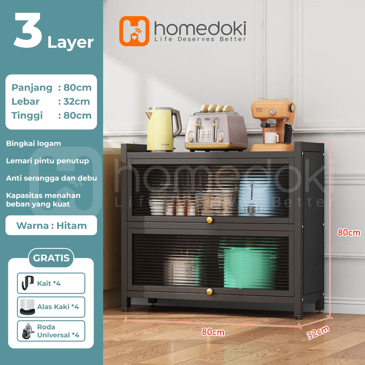 Homedoki Rak Piring Tertutup / Rak Dapur / Rak Susun Serbaguna / Lemari