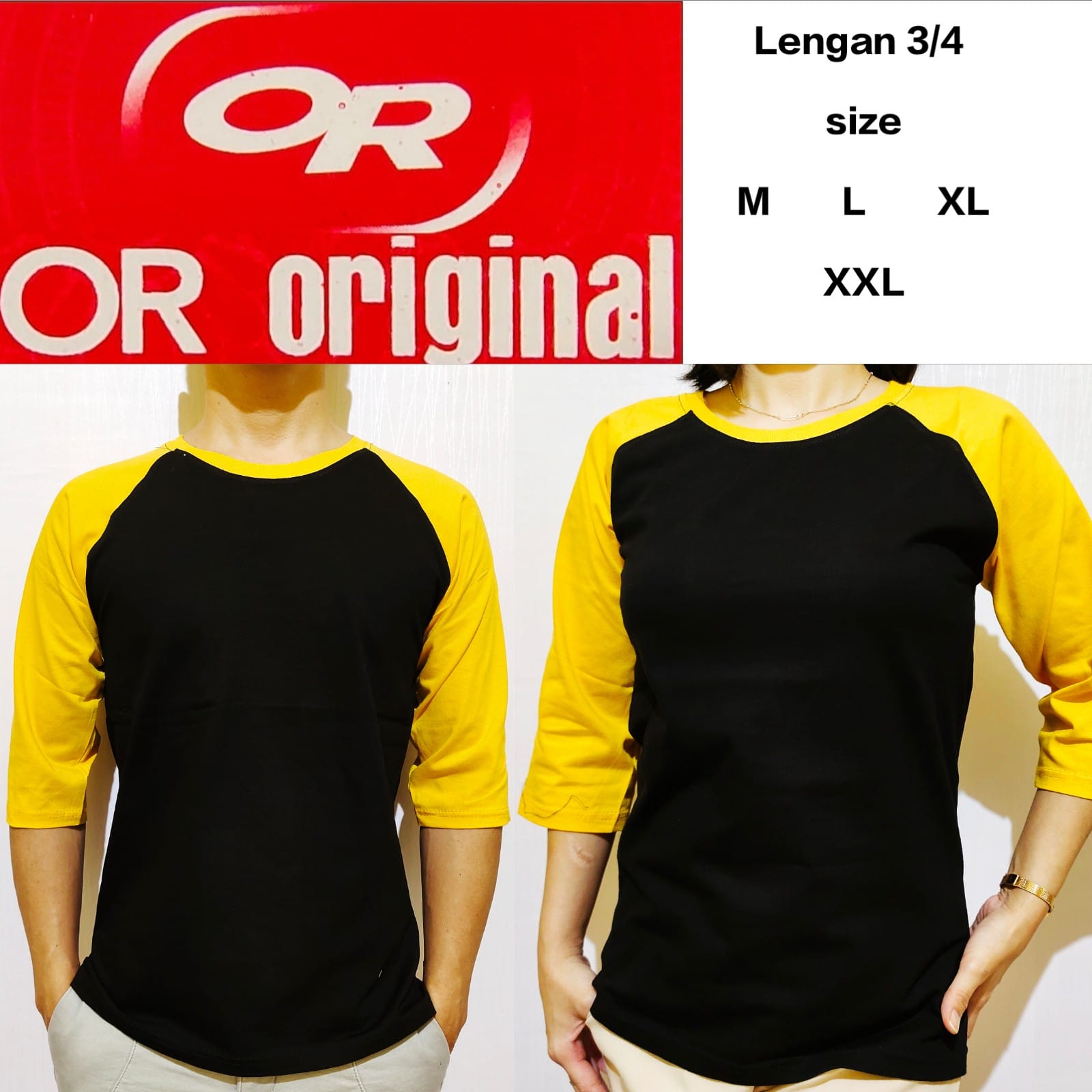 Kaos polos reglan hitam lengan kuning 3/4 M L XL XXL | Lazada Indonesia