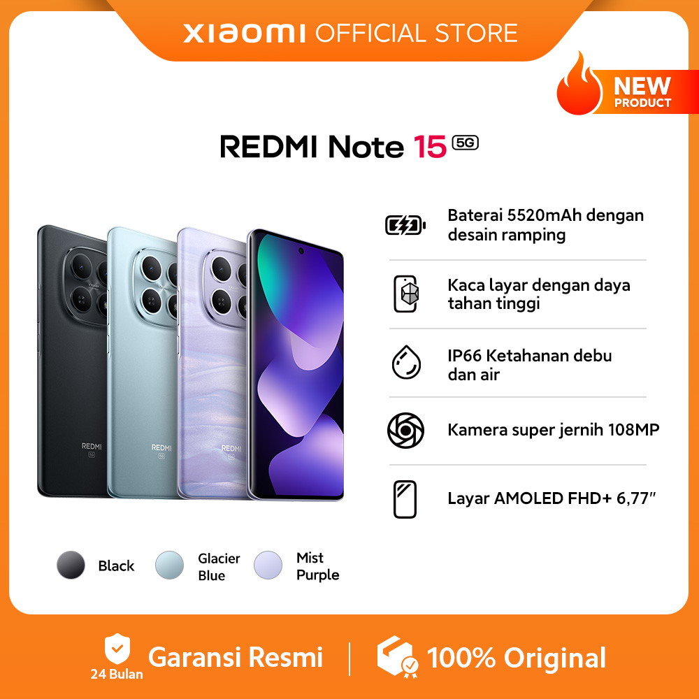 Xiaomi Redmi Note 15 5G (8/256 GB) (12/512 GB) | Baterai 5520mAh dengan desain ramping | Kaca layar dengan daya tahan tinggi | IP66 Ketahanan debu dan air [Xiaomi Official Store] - Gambar 2