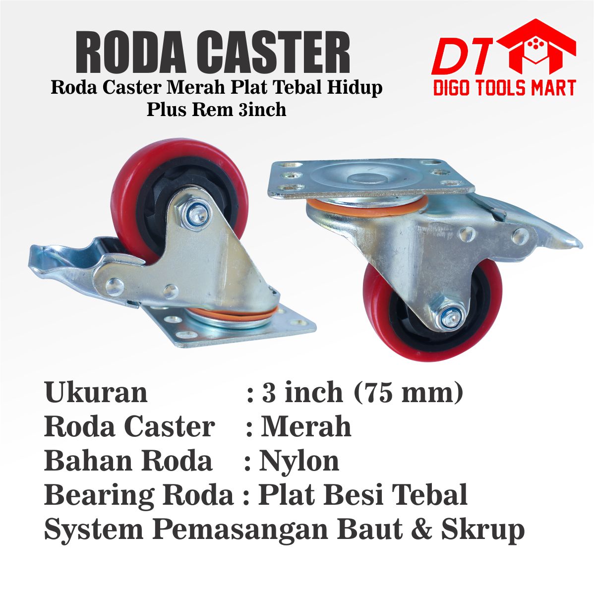 Roda Caster Merah Plat Tebal Hidup Plus rem 3 Inci Roda Merah Kunci ...
