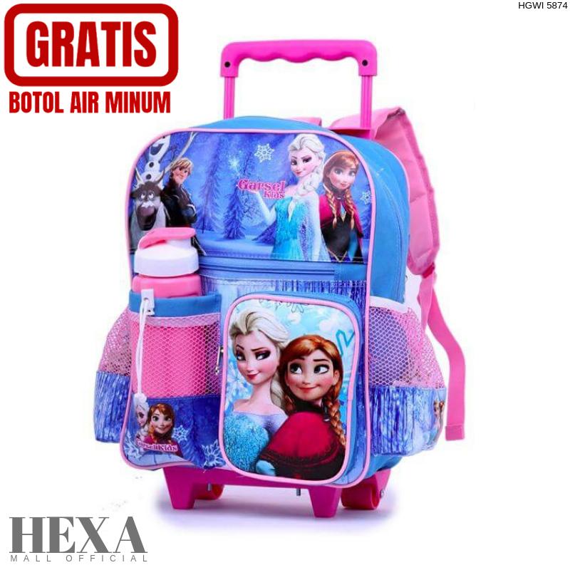 Tas Ransel Punggung Gendong Sekolah Troli Trolley Roda Koper Dorong Anak Perempuan Cewek gambar Frozen Biru Original Murah Keren Awet - HEXA MALL