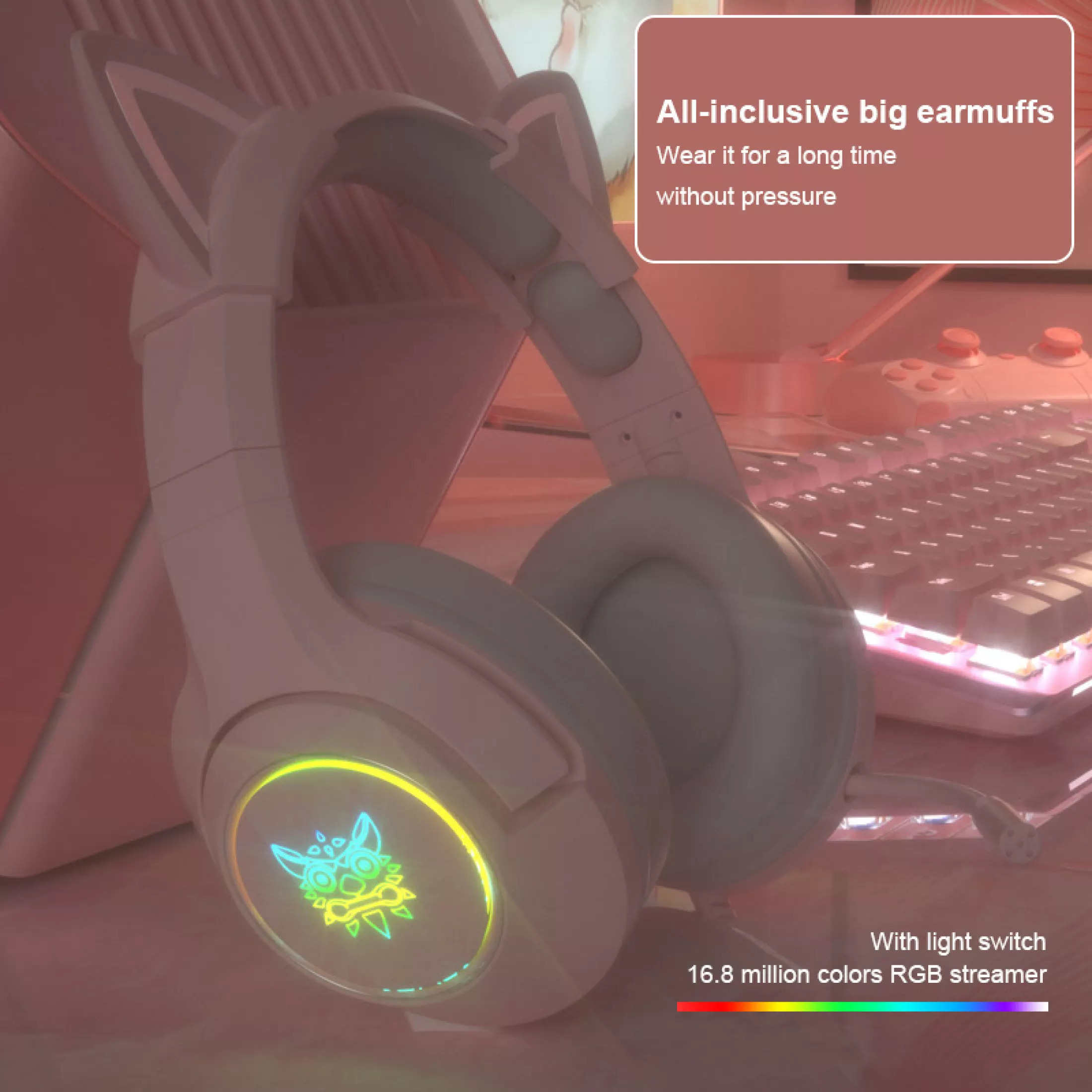 Onikuma K9 Rgb Baru Warna Pink Telinga 