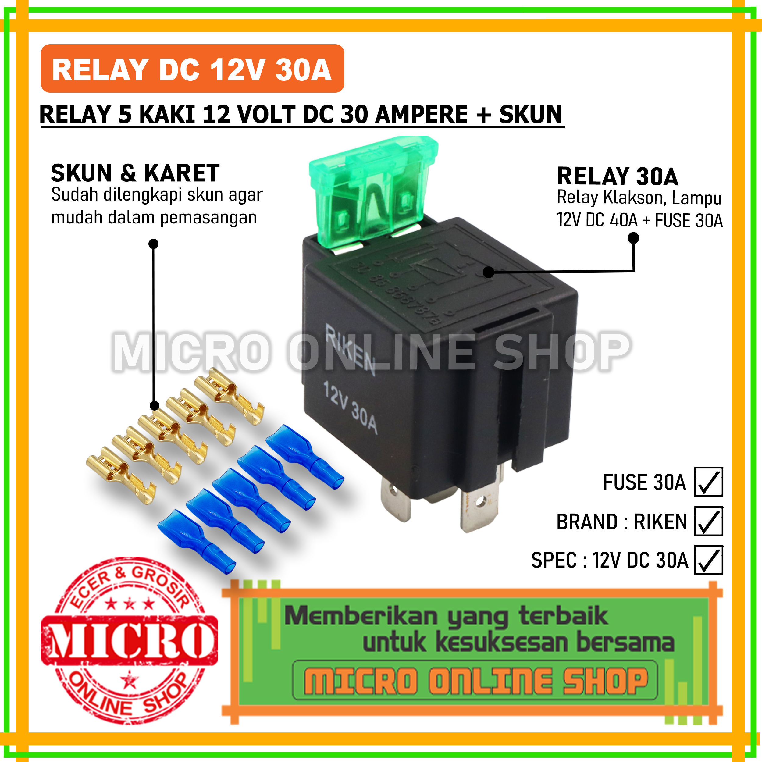 Relay 12V 30A 5 kaki Fuse 30A + Skun / Relay Klakson Lampu / Relay