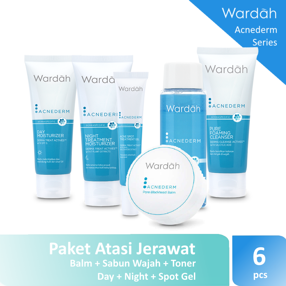 Wardah Acnederm Paket Jerawat - 6 Pcs ( Balm + Toner + Day Moisturizer + Pure Foaming Cleanser + Treatment Gel + Night Treatment Moisturizer )